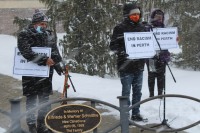 Members of the Multicultural Association of Perth Huron brave wintery conditions in January 2021 to participate in a gathering to end racism in Perth County at the courthouse in Stratford.